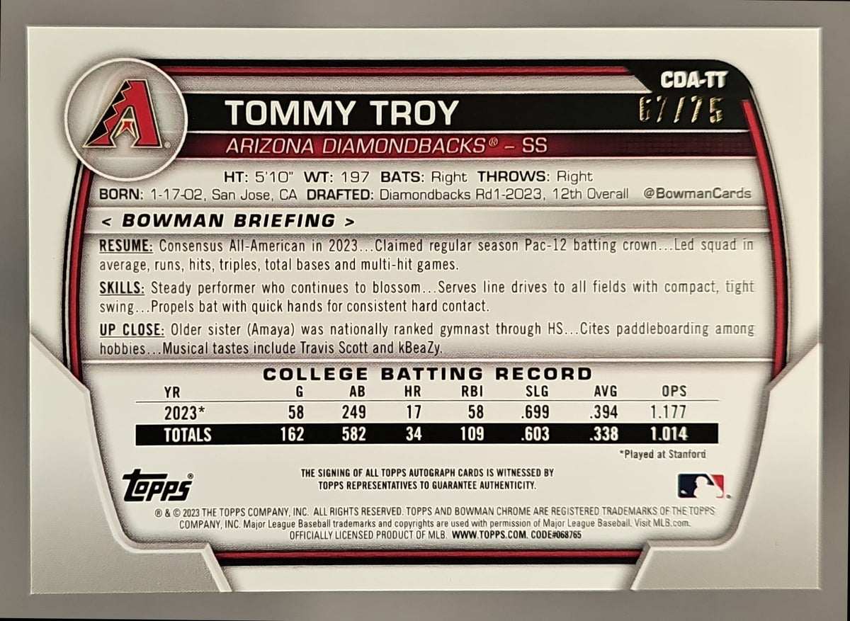 2023 Bowman Draft Tommy Troy Chrome Auto Black Refractor /75 1st Prospect