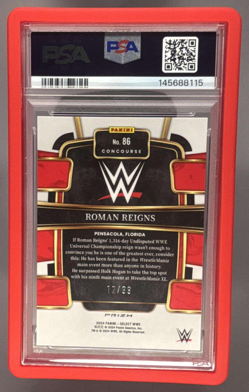 2024 Panini Select WWE Roman Reigns #86 Red Wave Prizm 12/99 Concourse PSA 10