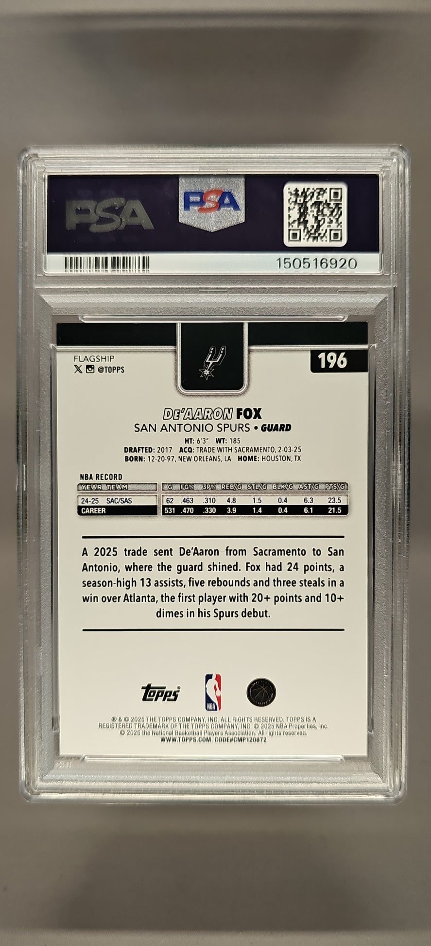 2025-26 Topps De'Aaron Fox #196 Gold Holo Foil 7/50 Spurs PSA 9