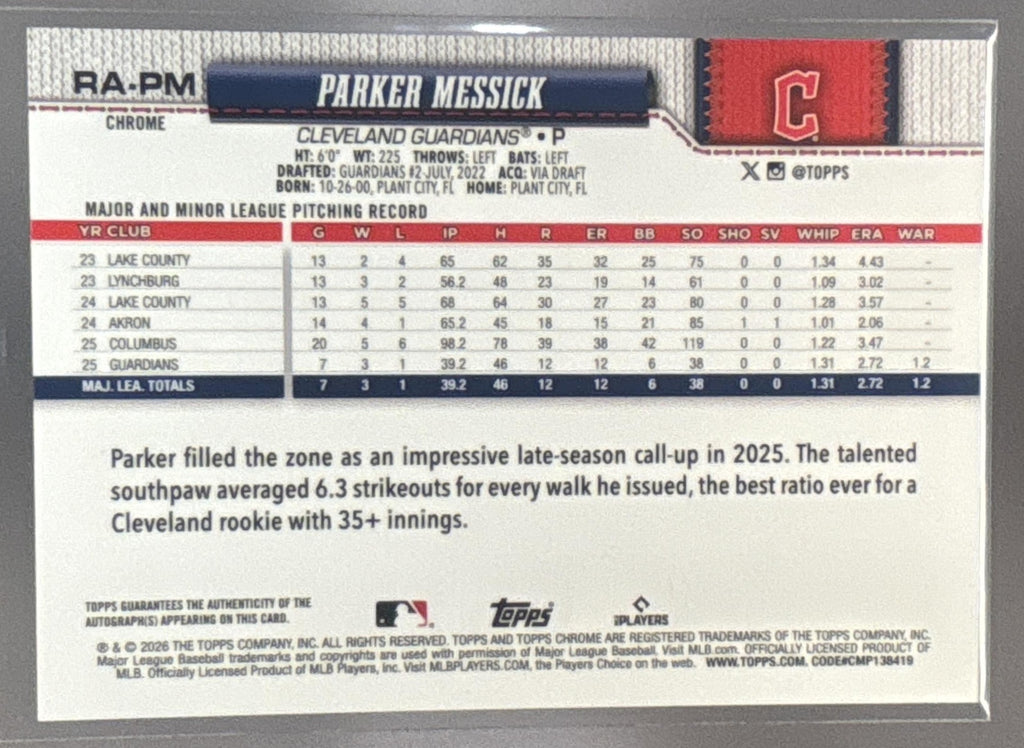 2026 Topps Chrome LogoFractor Parker Messick #184 Blue Refractor Auto /150 RC