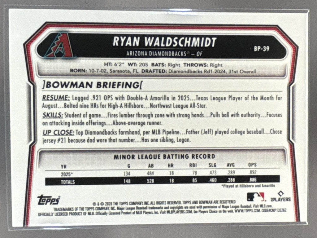 2026 Bowman Ryan Waldschmidt #BP-39 Prospects Logo Pattern Diamondbacks
