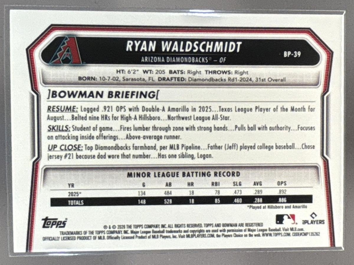 2026 Bowman Ryan Waldschmidt #BP-39 Prospects Logo Pattern Diamondbacks