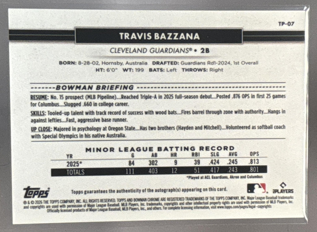 2026 Topps NSCC Collection Travis Bazzana #TP-07 Auto Orange Refractor /25