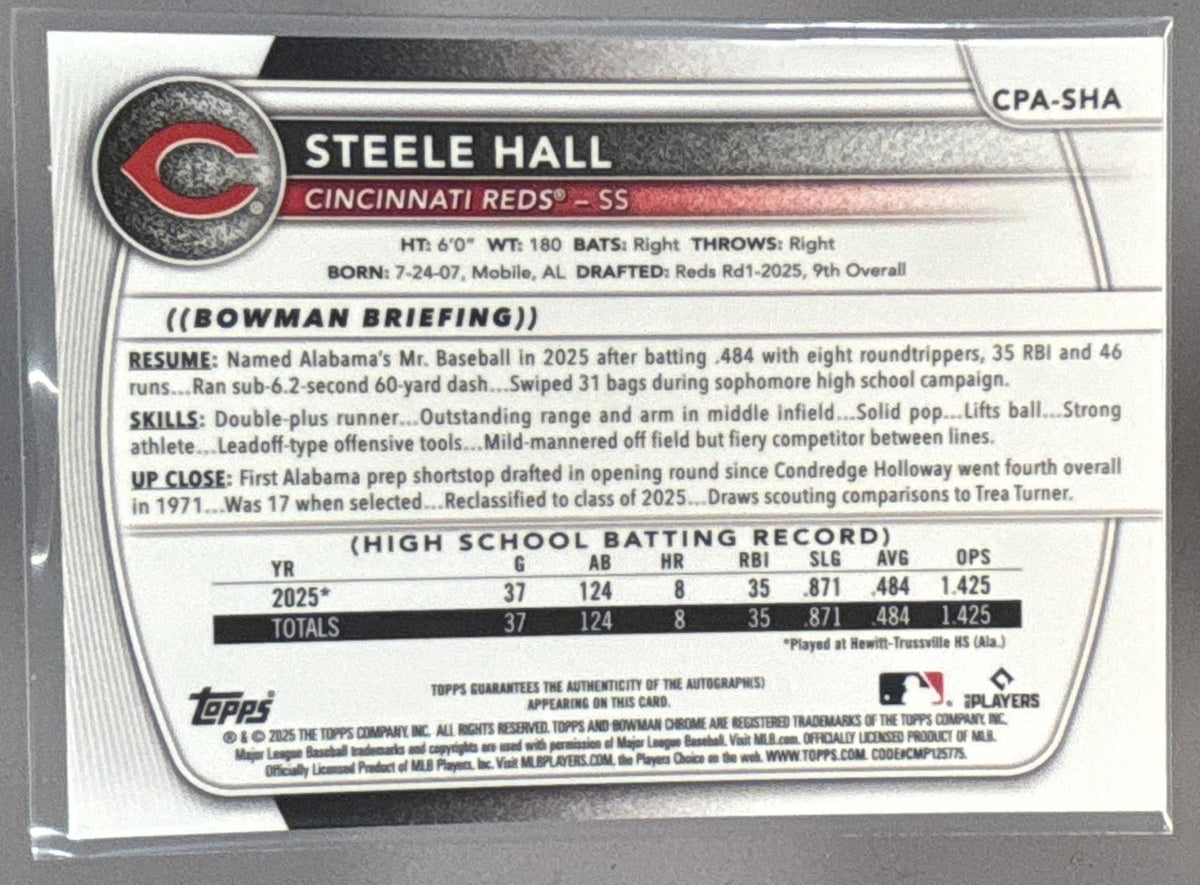 2025 Bowman Draft Steele Hall #CPA-SHA Chrome Auto 1st Prospect Reds