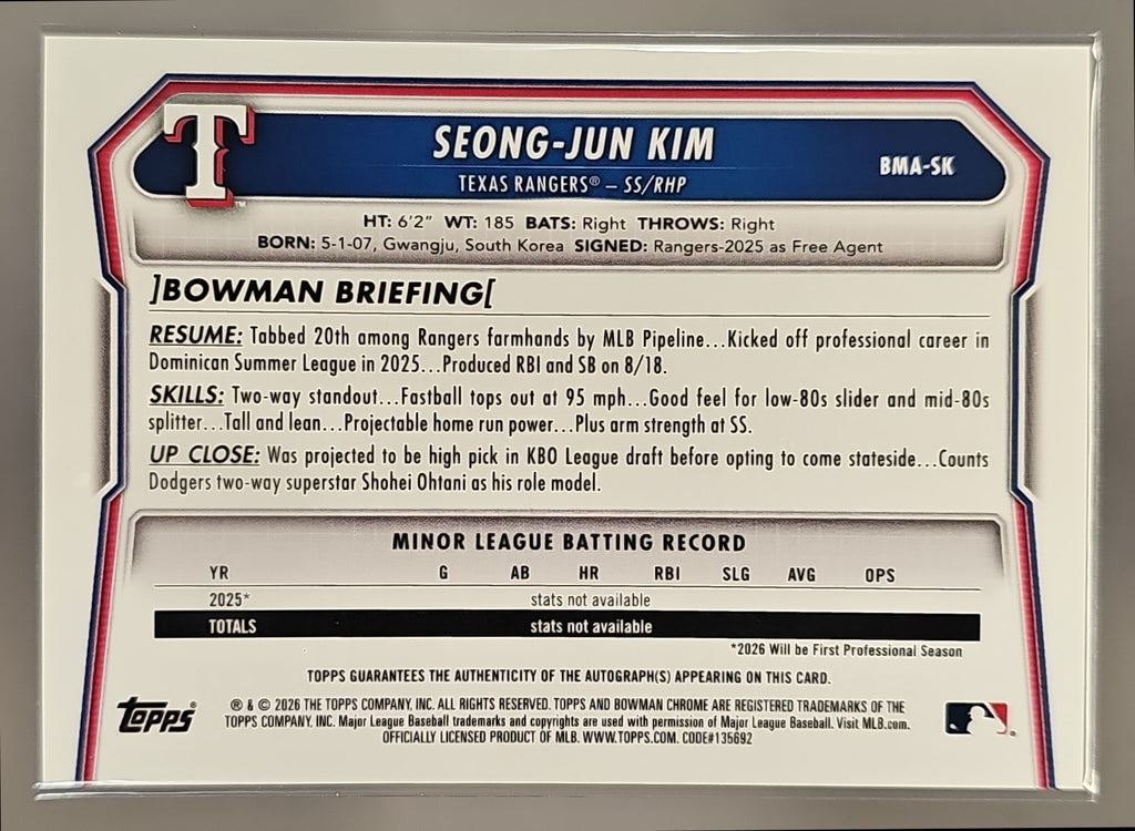 2026 Bowman Mega Box Seong-Jun Kim #BMA-SK Chrome Prospect Auto Mojo Refractor