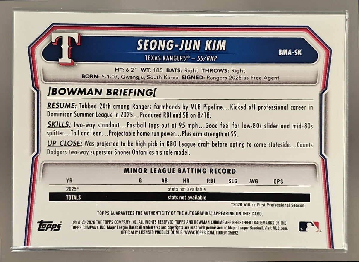 2026 Bowman Mega Box Seong-Jun Kim #BMA-SK Chrome Prospect Auto Mojo Refractor