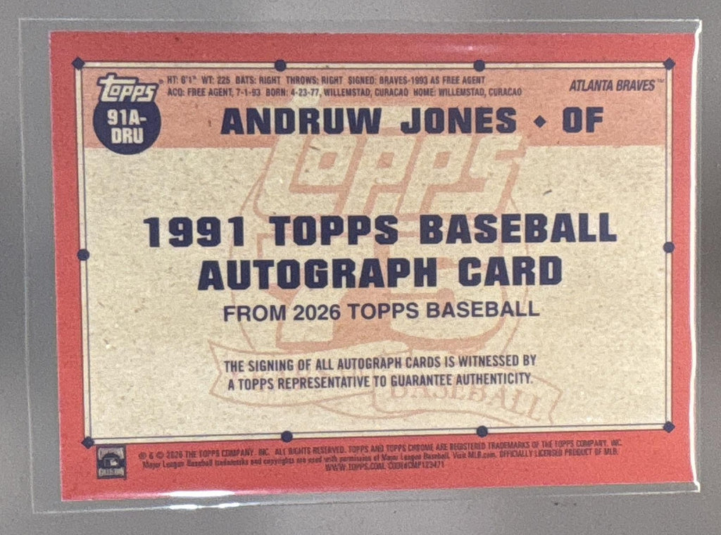 2026 Topps Series 1 Andruw Jones #91A-DRU 1991 Auto Blue 35/150 Braves