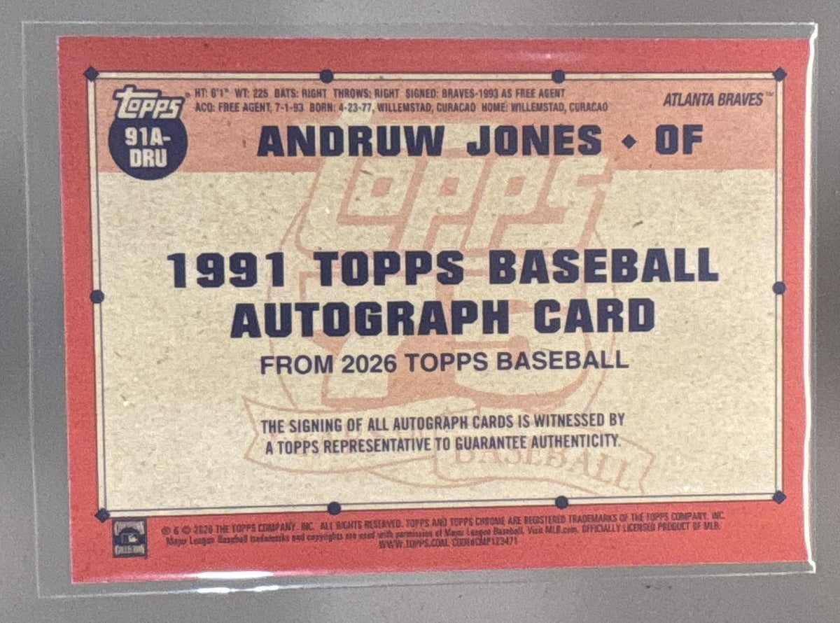 2026 Topps Series 1 Andruw Jones #91A-DRU 1991 Auto Blue 35/150 Braves