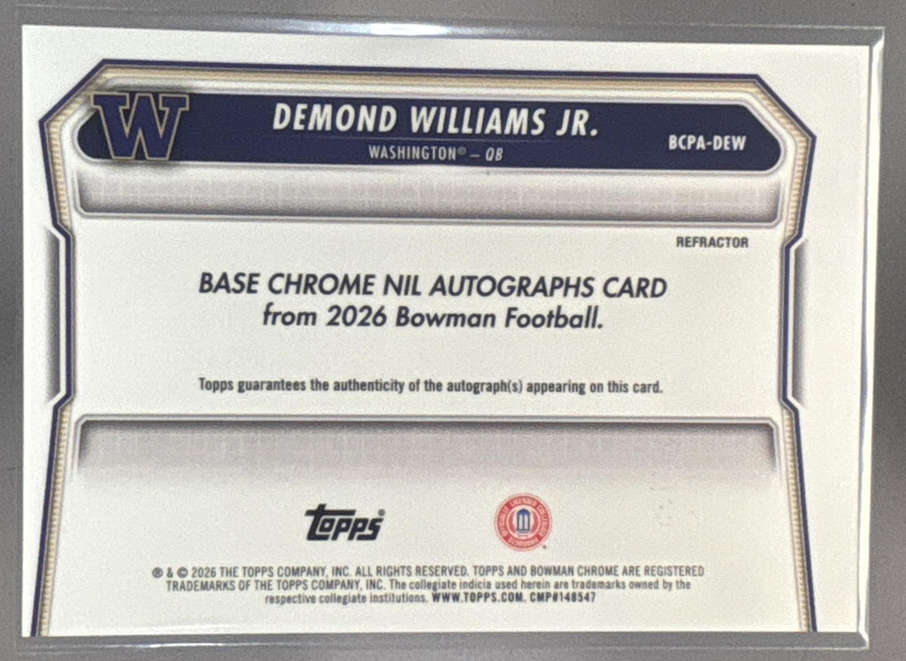 2026 Bowman Demond Williams Jr. #BCPA-DEW Chrome Auto Refractor /499 1st Bowman