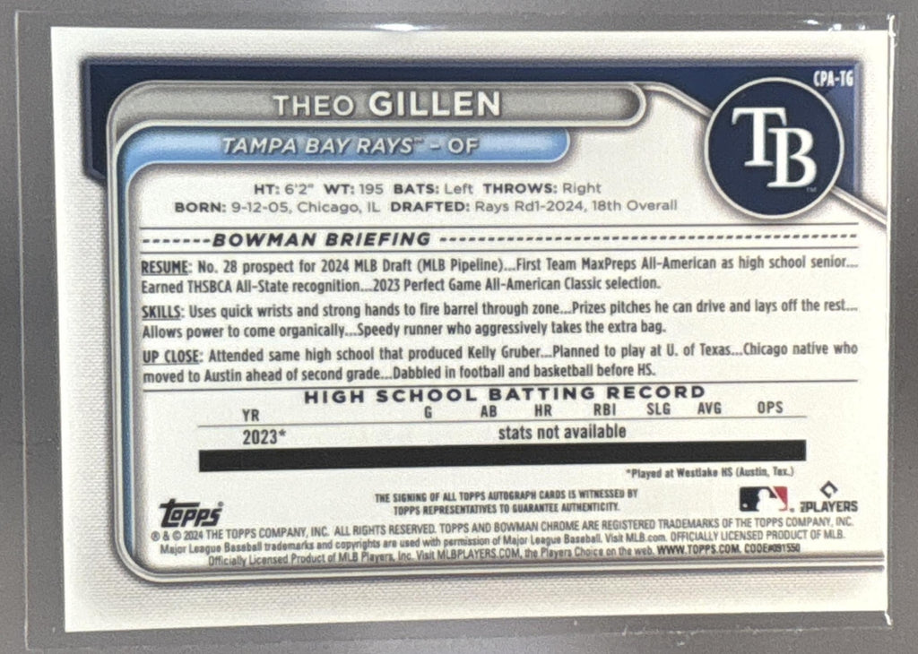 2024 Bowman Draft Theo Gillen #CPA-TG Chrome Auto 1st Prospect Rays