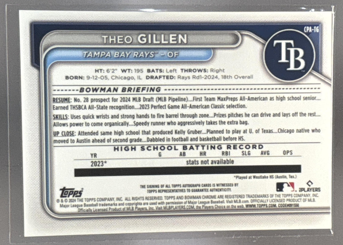 2024 Bowman Draft Theo Gillen #CPA-TG Chrome Auto 1st Prospect Rays