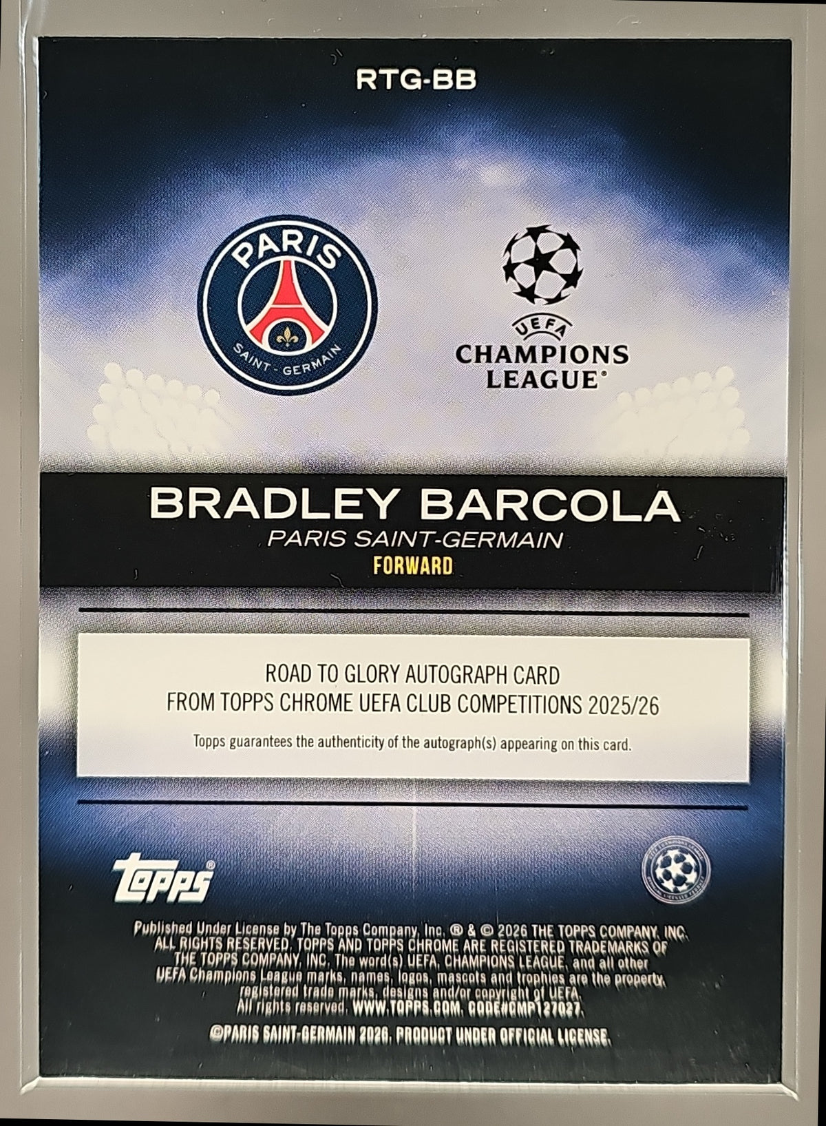 2025 Topps Chrome UCC Bradley Barcola Road to Glory Auto Gold /50