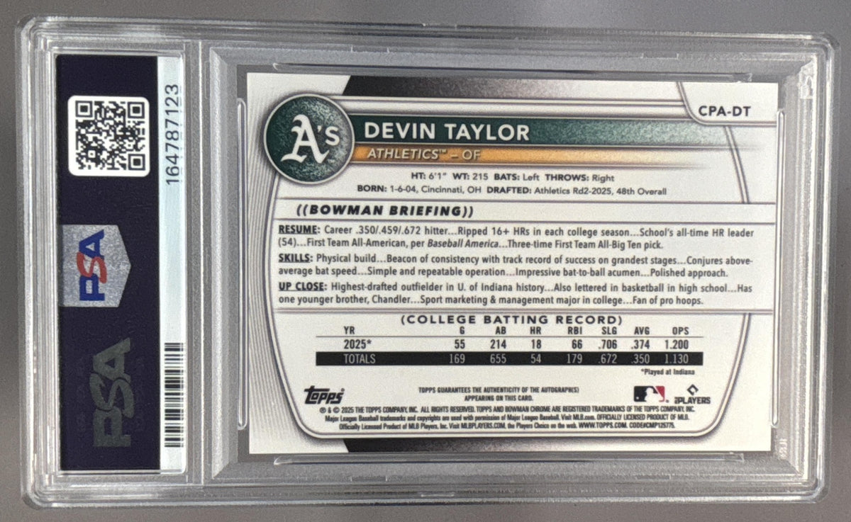 2025 Bowman Draft Devin Taylor #CPA-DT Chrome Auto Red /5 1st Prospect PSA 9