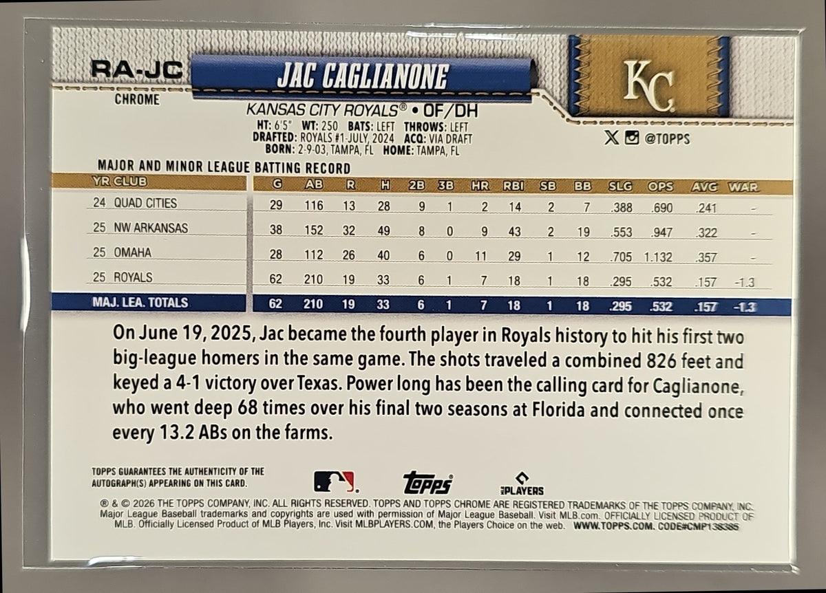 2026 Topps Chrome Jac Caglianone #RA-JC Rookie Auto RC Royals