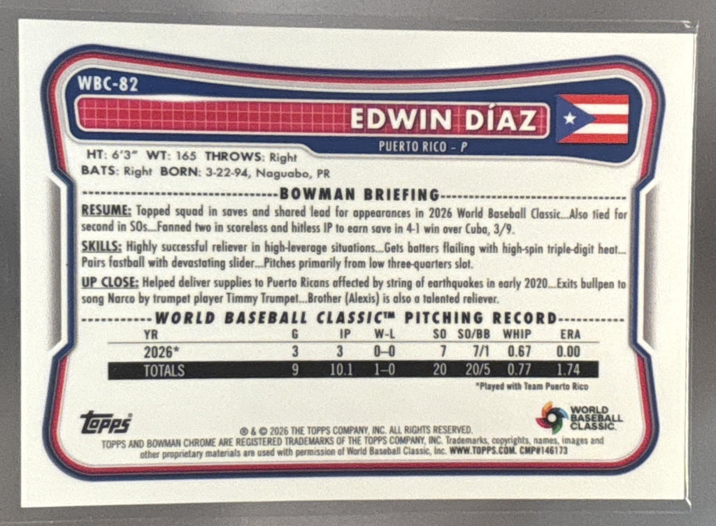 2026 Bowman Chrome Edwin Diaz #WBC-82 WBC Flag Variation Gold Refractor 45/50