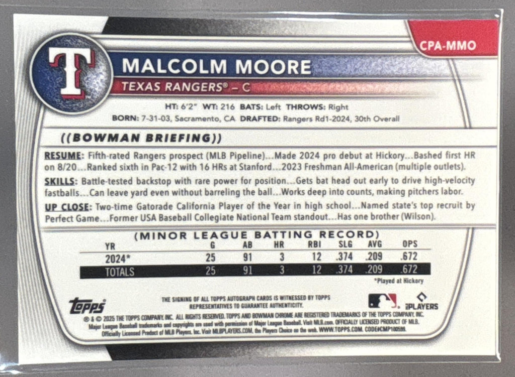 2025 Bowman Malcolm Moore #CPA-MMO Chrome Auto Blue Refractor /150 1st Prospect