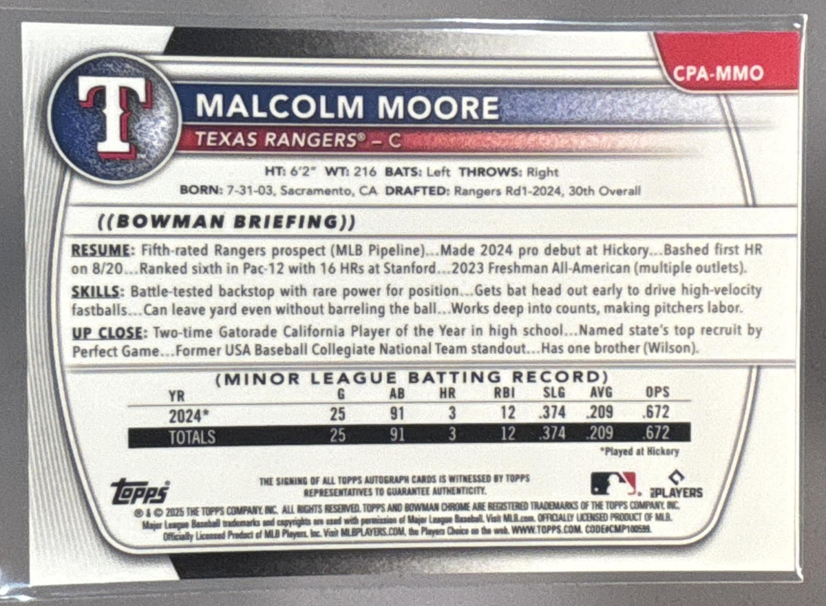 2025 Bowman Malcolm Moore #CPA-MMO Chrome Auto Blue Refractor /150 1st Prospect