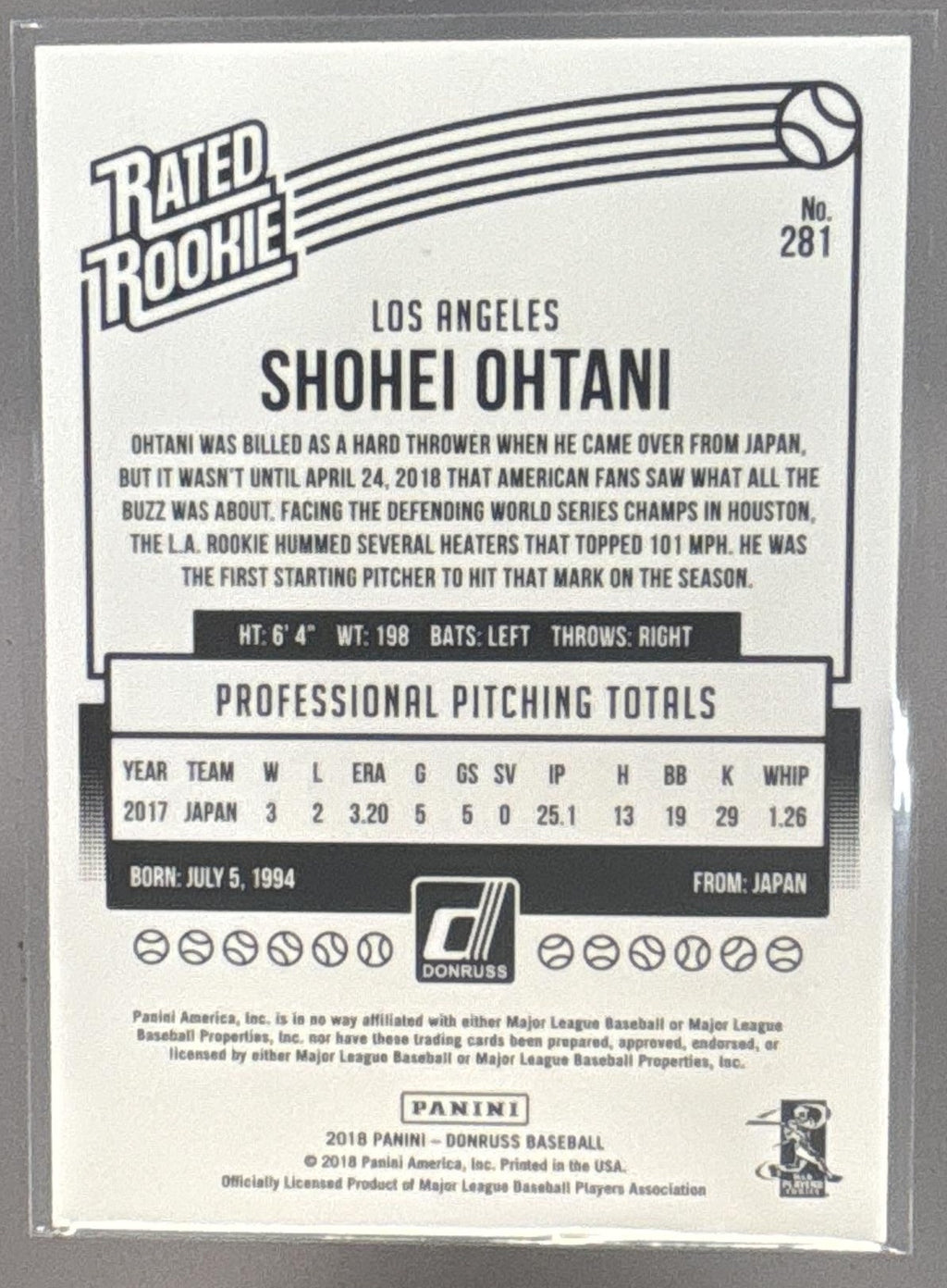 2018 Panini Donruss Shohei Ohtani #281 Wrapper Redemption Rated Rookie RC Angels