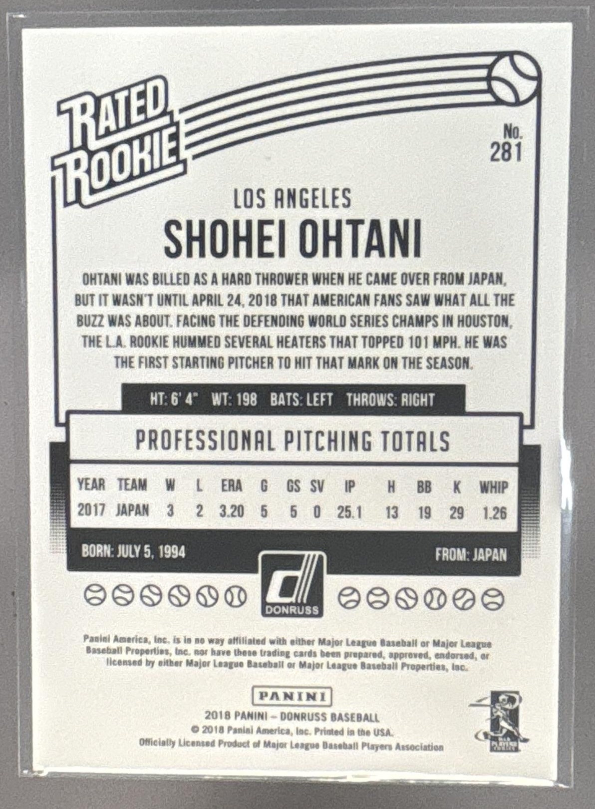 2018 Panini Donruss Shohei Ohtani #281 Wrapper Redemption Rated Rookie RC Angels