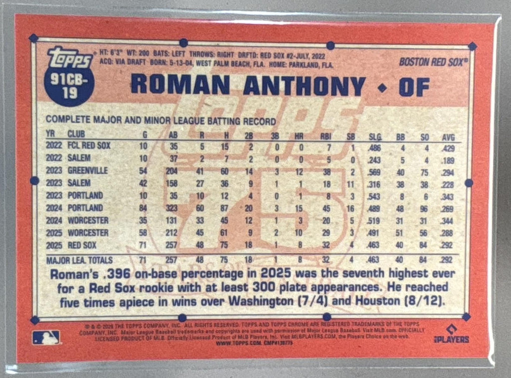 2026 Topps Chrome LogoFractor Roman Anthony 1991 Orange Refractor /25 RC