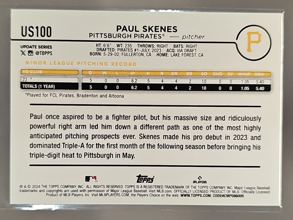2024 Topps Update Paul Skenes #US100 Yellow RC Pirates