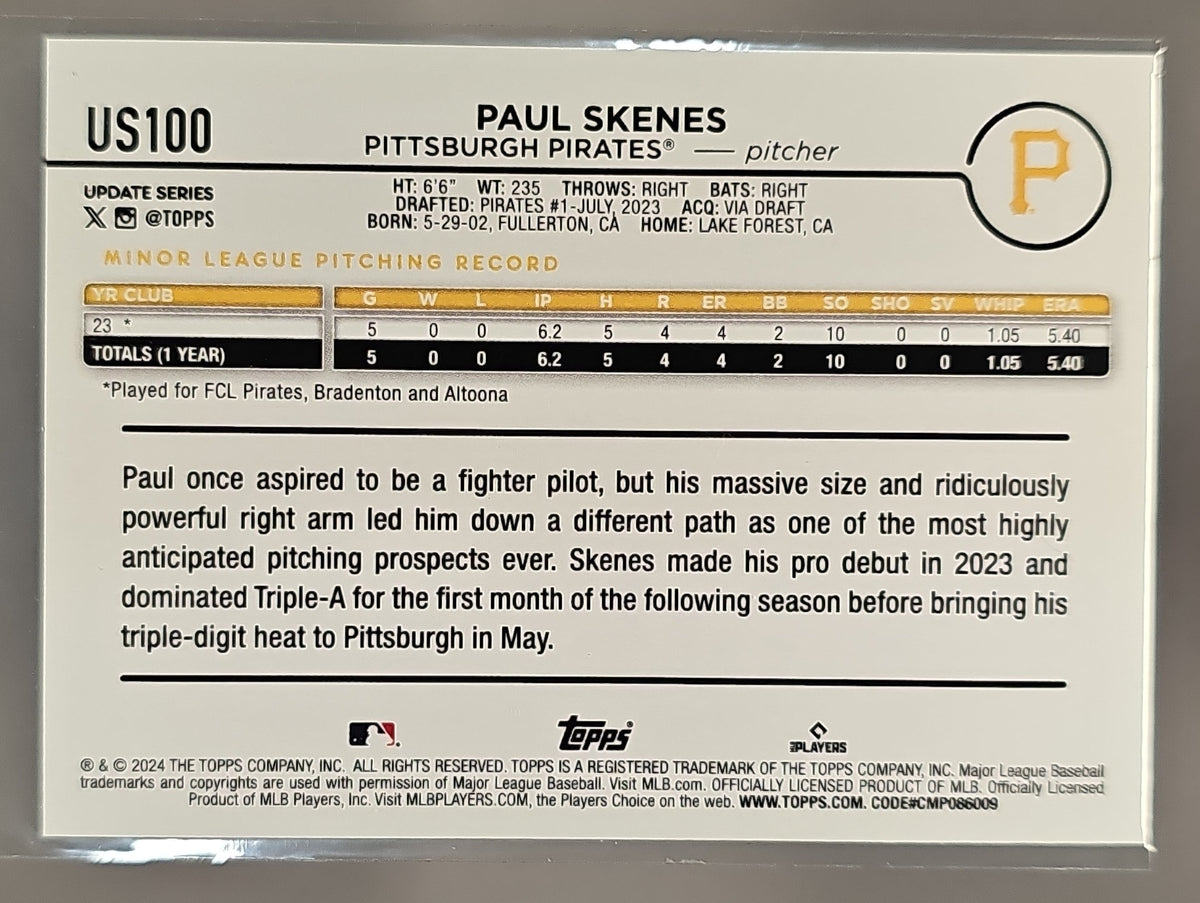 2024 Topps Update Paul Skenes #US100 Yellow RC Pirates