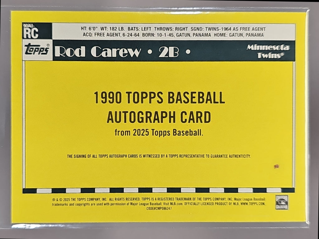 2025 Topps Rod Carew #90AU-RC 1990 Baseball Auto Series 1 Twins