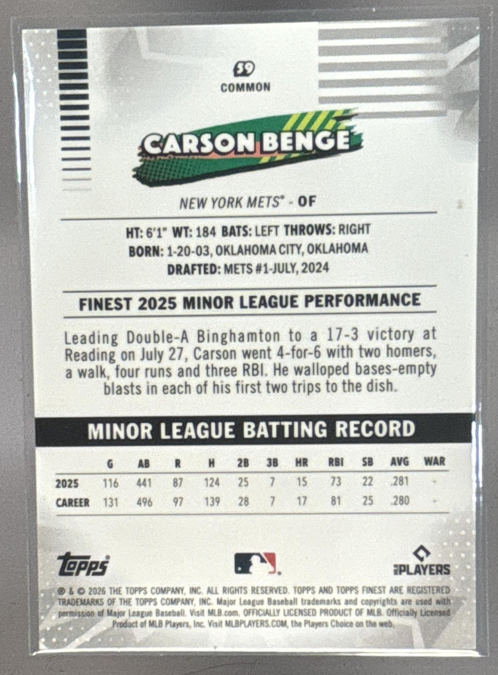2026 Topps Finest Carson Benge #59 Purple Geometric Refractor 26/75 RC Mets