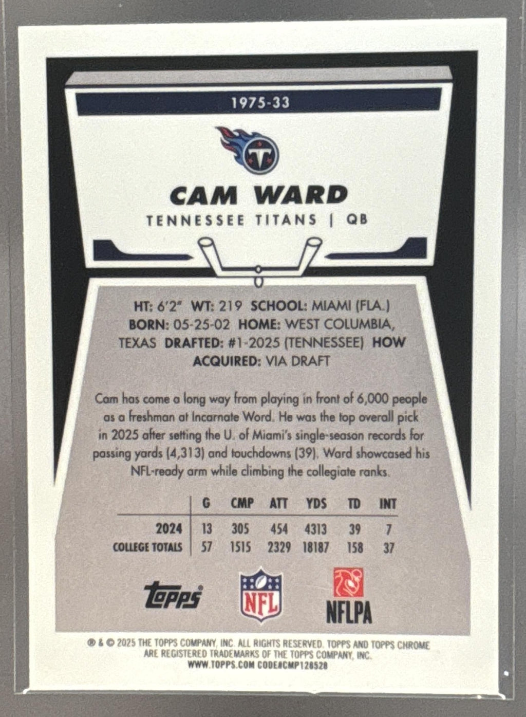 2025 Topps Chrome Cam Ward #1975-33 1975 Green Refractor 7/99 RC Titans