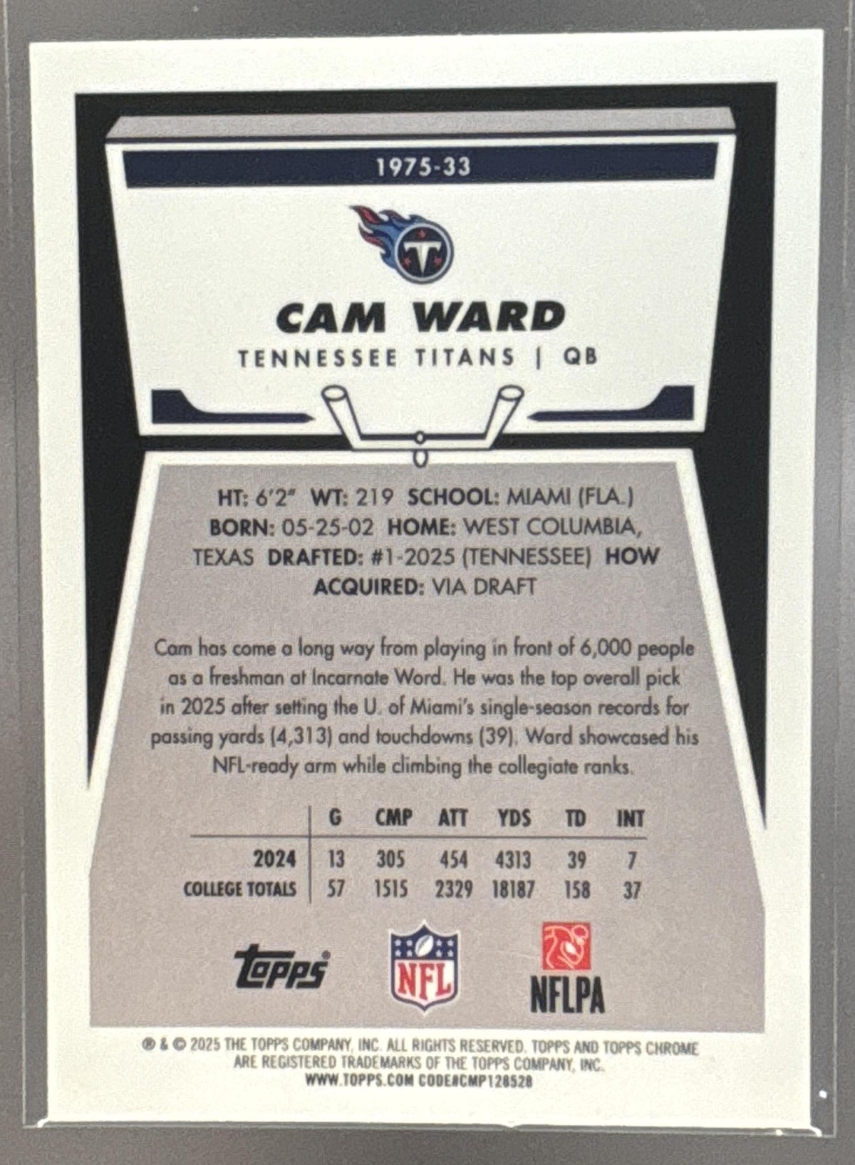 2025 Topps Chrome Cam Ward #1975-33 1975 Green Refractor 7/99 RC Titans