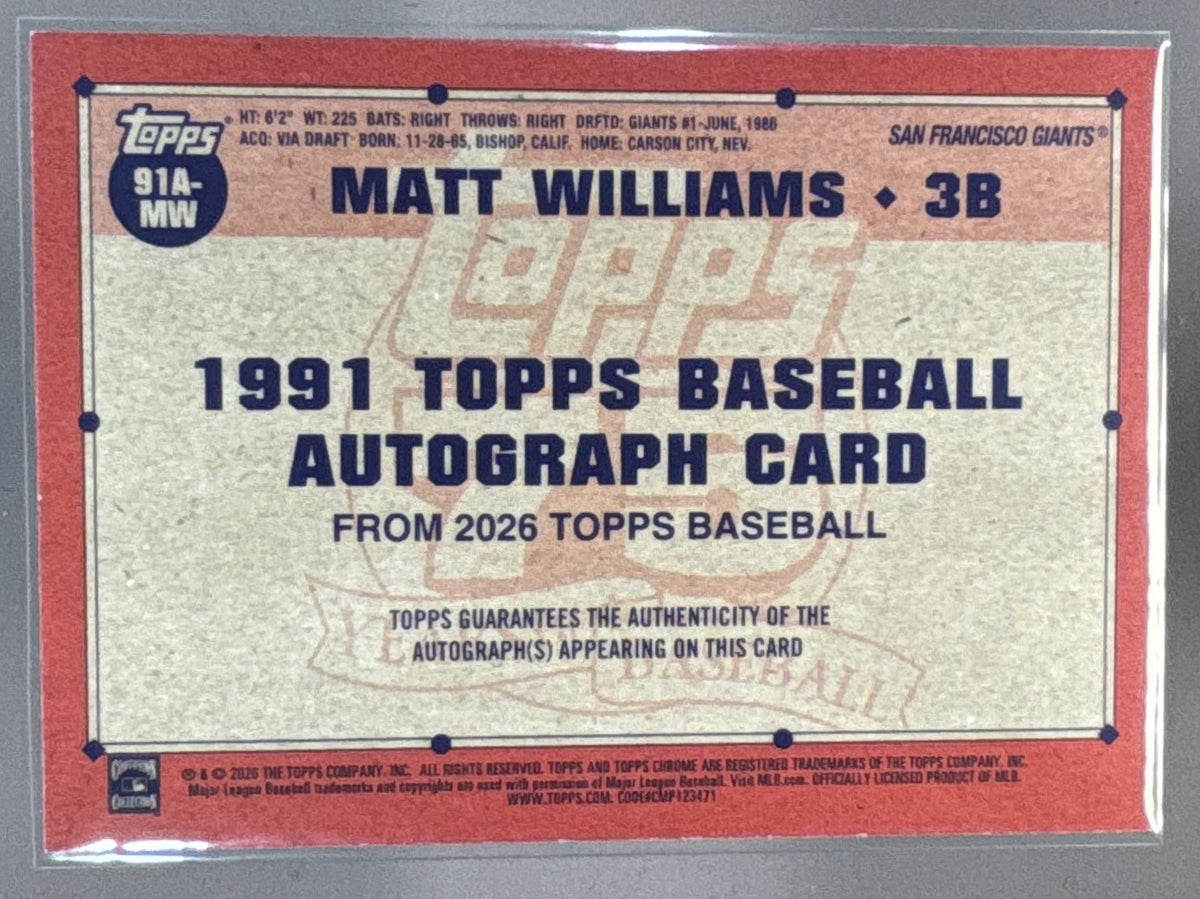 2026 Topps Series 2 Matt Williams #91A-MW 1991 Auto Orange /25 Giants