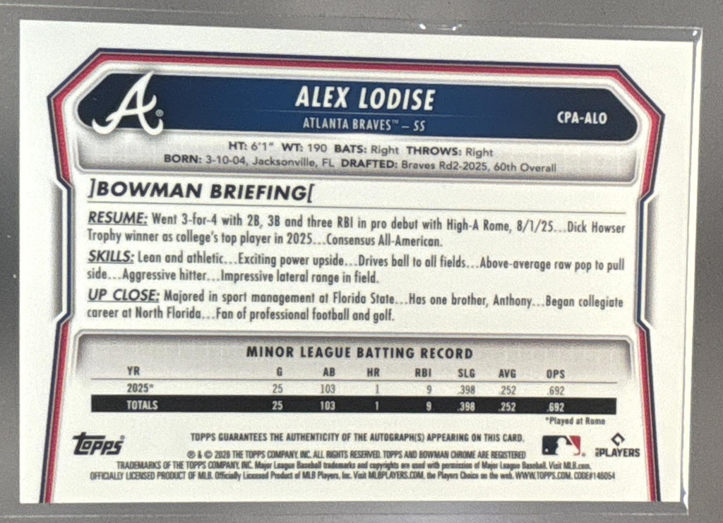 2026 Bowman Chrome Alex Lodise #CPA-ALO Auto 1st Prospect Braves