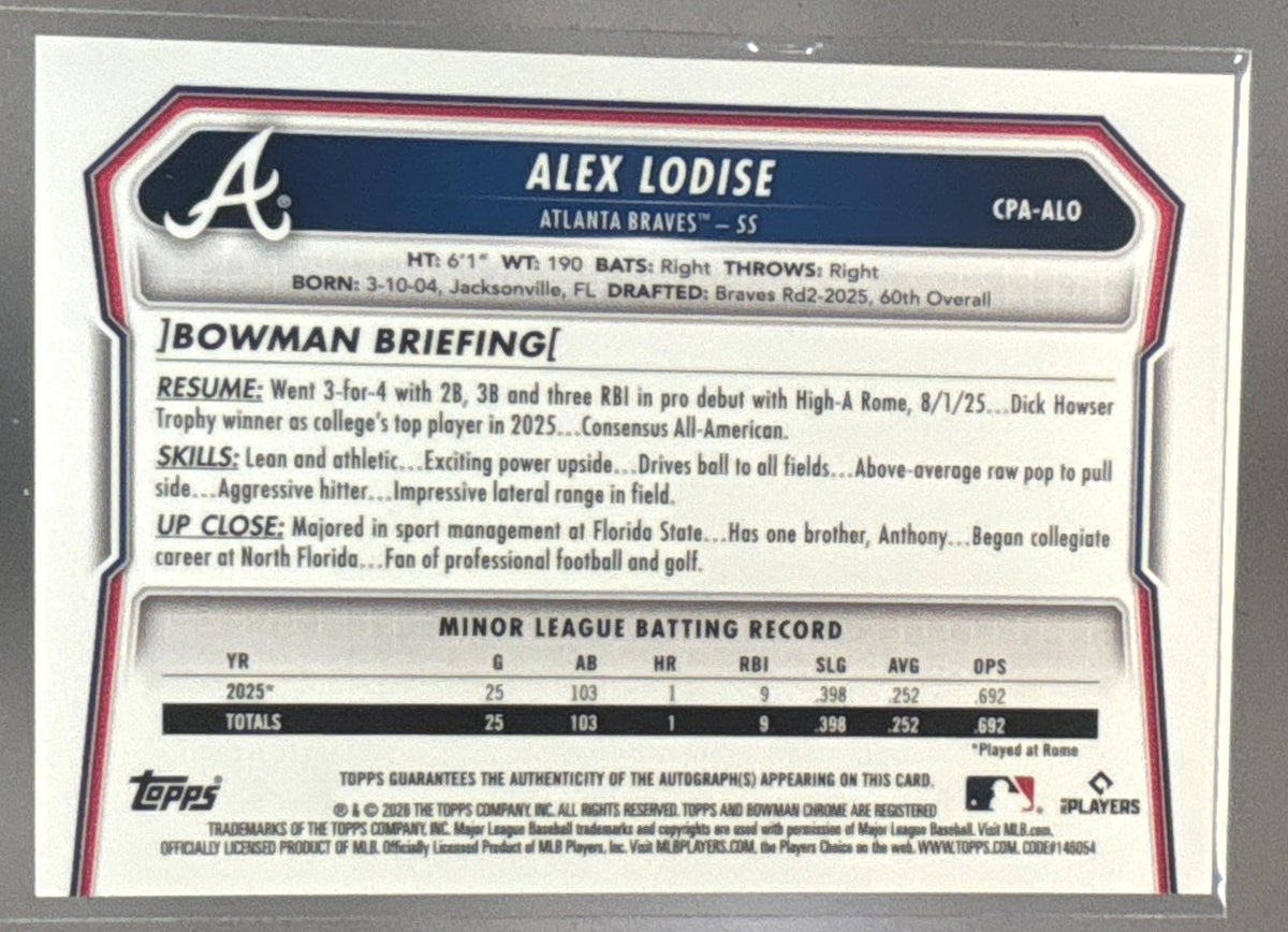 2026 Bowman Chrome Alex Lodise #CPA-ALO Auto 1st Prospect Braves