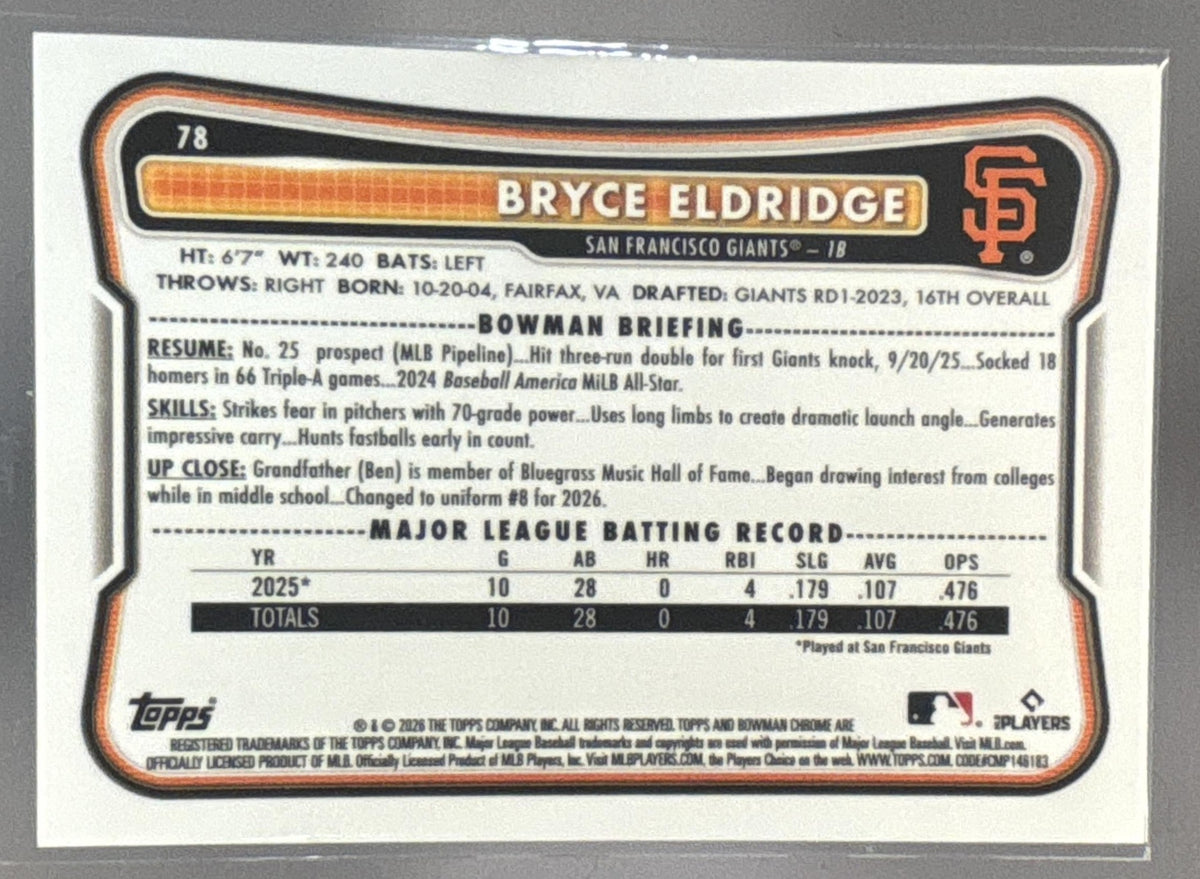 2026 Bowman Chrome Mega Box Bryce Eldridge #78 Blue Mojo Refractor /150 RC