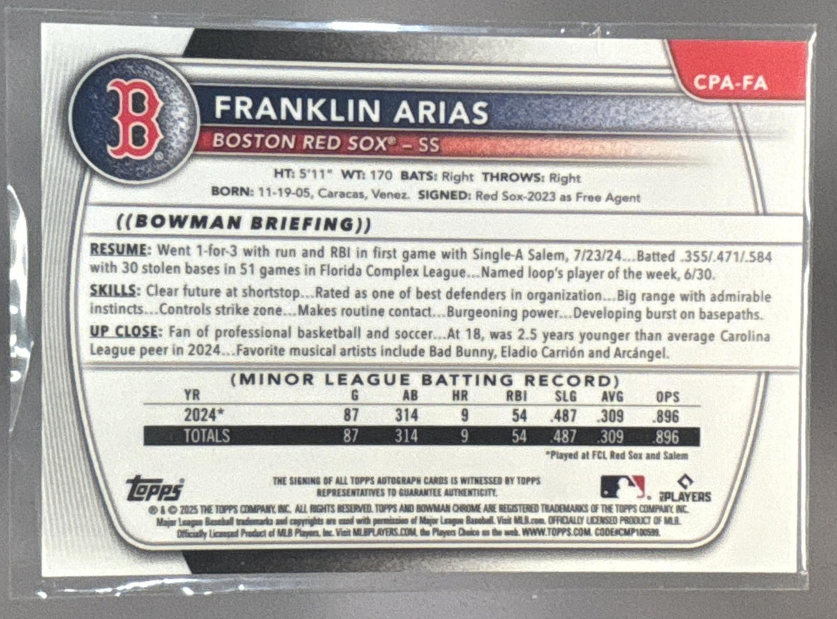 2025 Bowman Franklin Arias #CPA-FA Chrome Auto 1st Prospect Red Sox