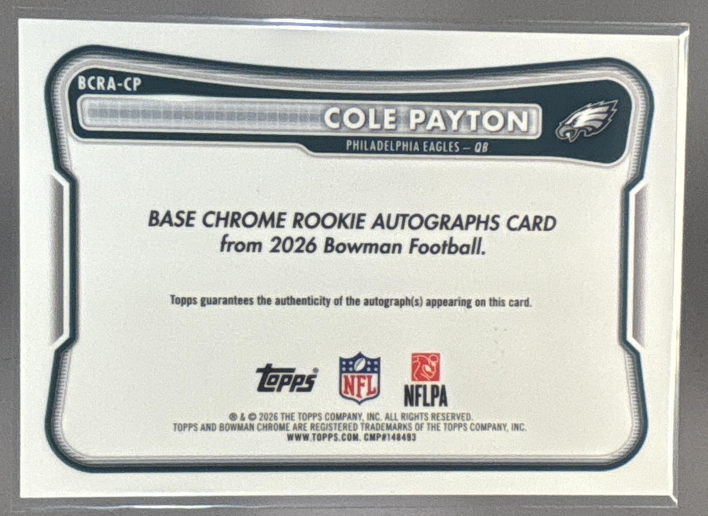 2026 Bowman Cole Payton #BCRA-CP Chrome Rookie Auto Blue Refractor /150 RC