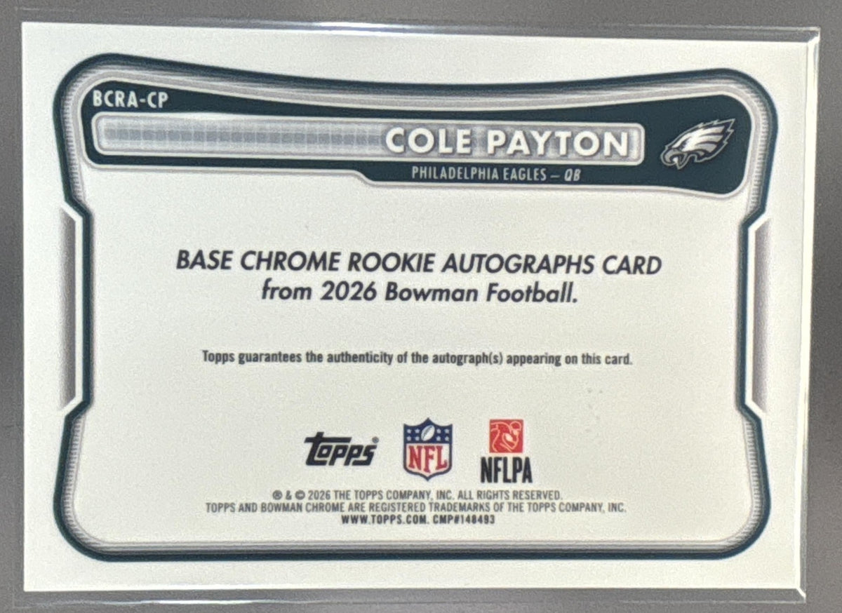 2026 Bowman Cole Payton #BCRA-CP Chrome Rookie Auto Blue Refractor /150 RC
