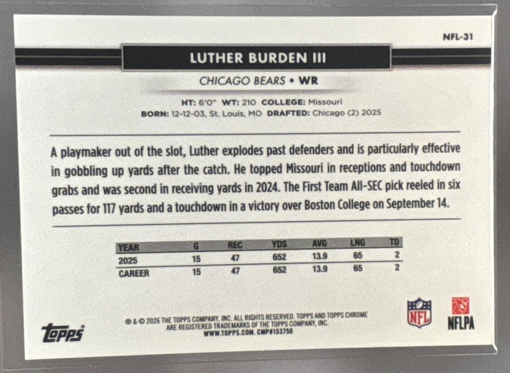 2026 Topps NSCC Collection Luther Burden III #NFL-31 NFL Gold Refractor 42/50