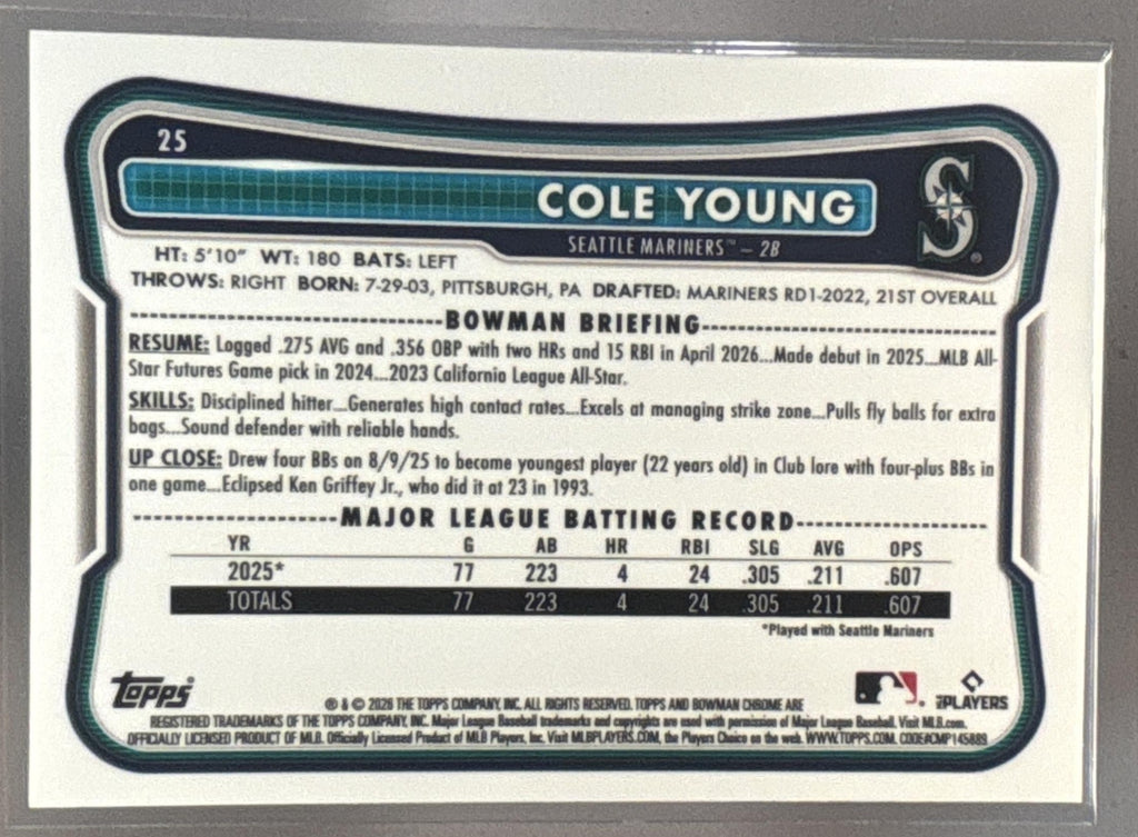 2026 Bowman Chrome Cole Young #25 Yellow Refractor 28/75 RC Mariners