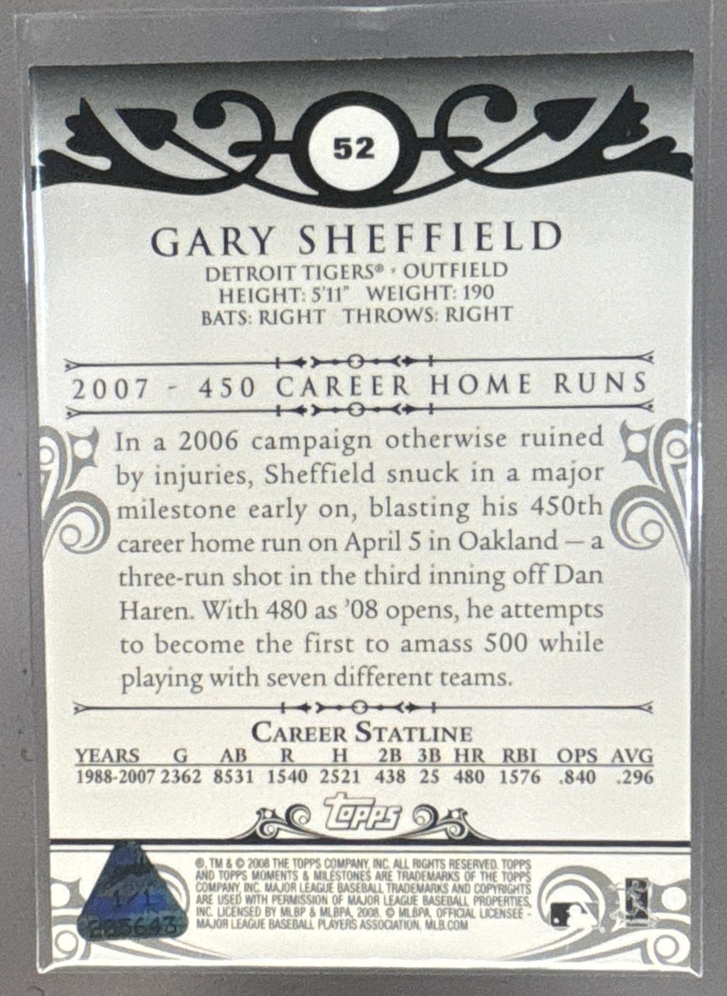 2007 Topps Moments & Milestones Gary Sheffield #52 465 Career Home Runs 1/1