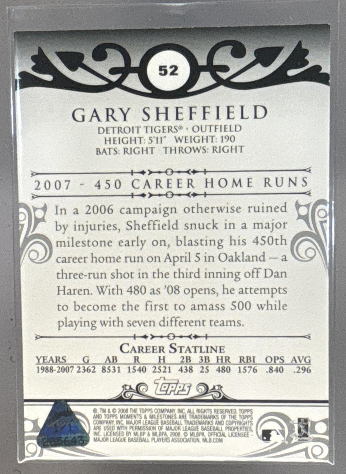 2007 Topps Moments & Milestones Gary Sheffield #52 465 Career Home Runs 1/1
