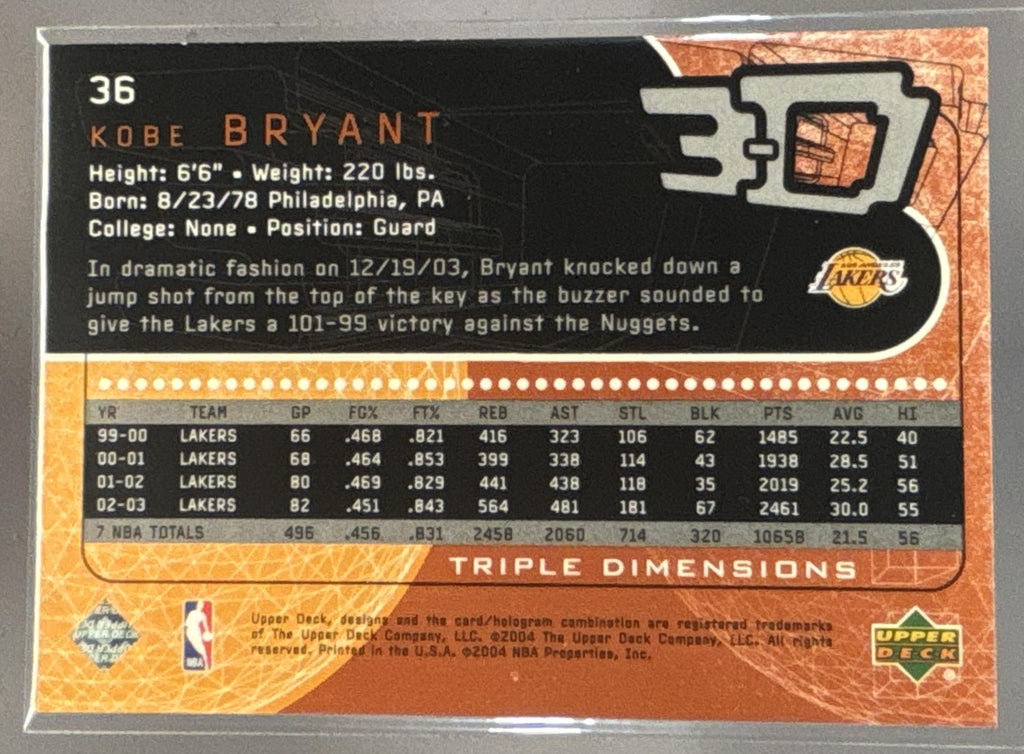2003-04 Upper Deck Triple Dimensions Kobe Bryant #36 Lakers