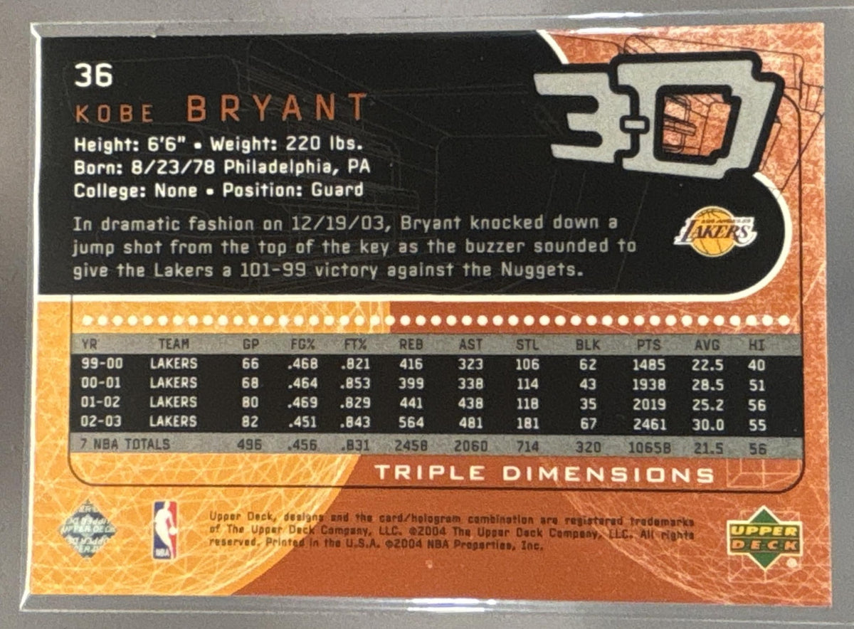 2003-04 Upper Deck Triple Dimensions Kobe Bryant #36 Lakers