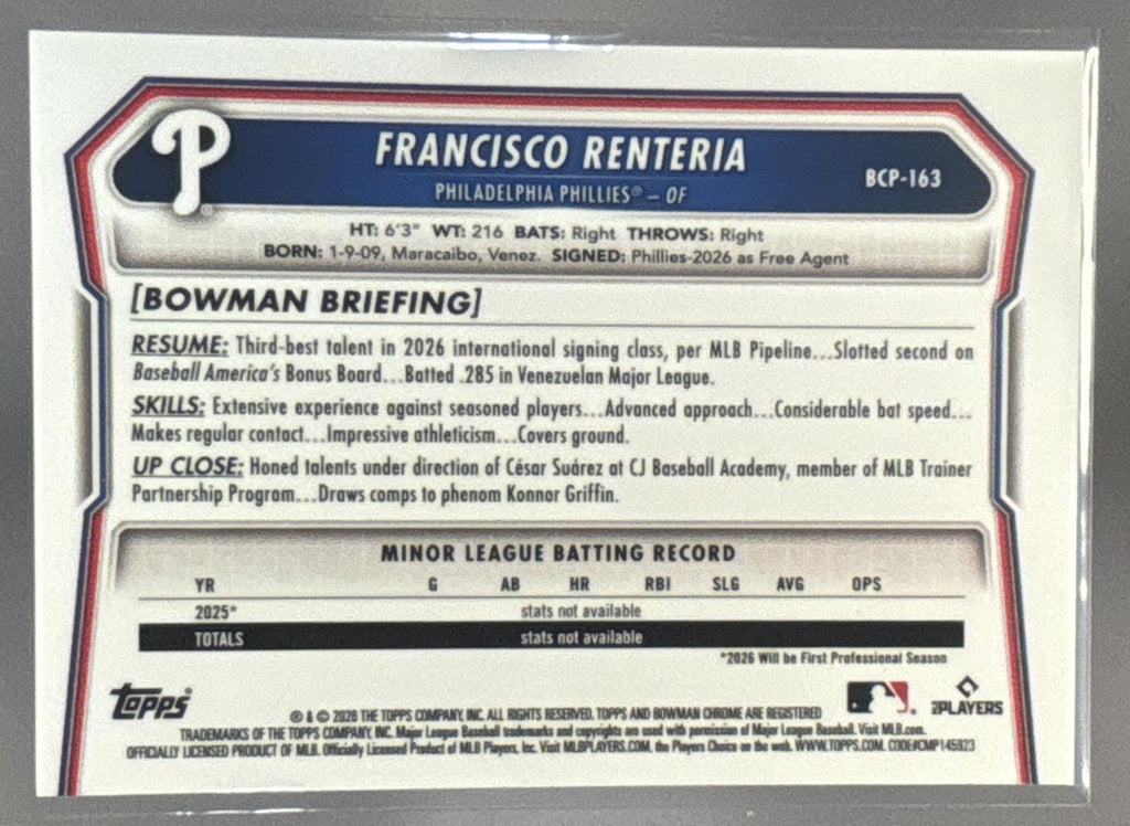 2026 Bowman Chrome Francisco Renteria Purple Refractor /250 1st Prospect