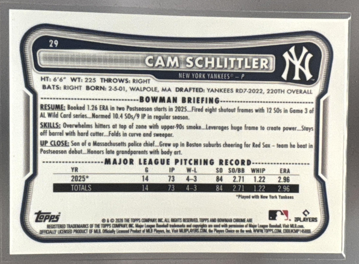 2026 Bowman Chrome Cam Schlittler #29 Blue Refractor /150 RC Yankees