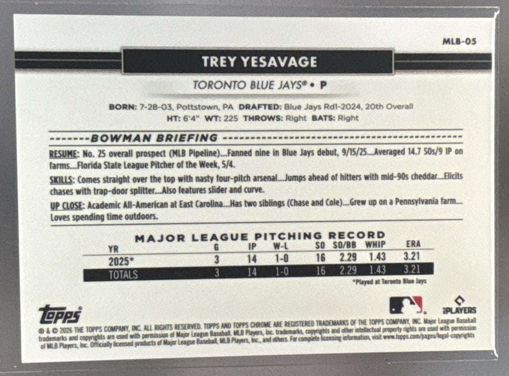2026 Topps NSCC Collection Trey Yesavage #MLB-05Orange Raywave /25 RC