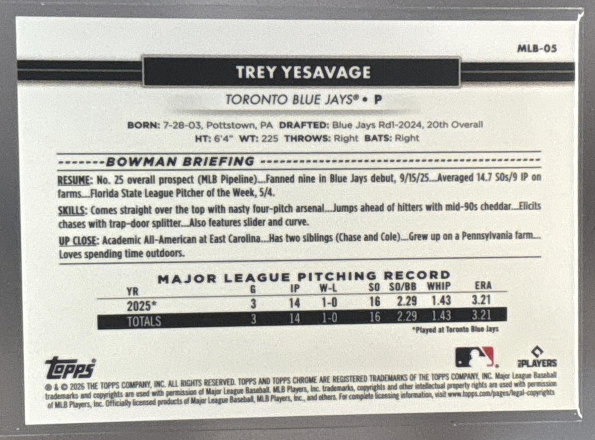 2026 Topps NSCC Collection Trey Yesavage #MLB-05Orange Raywave /25 RC