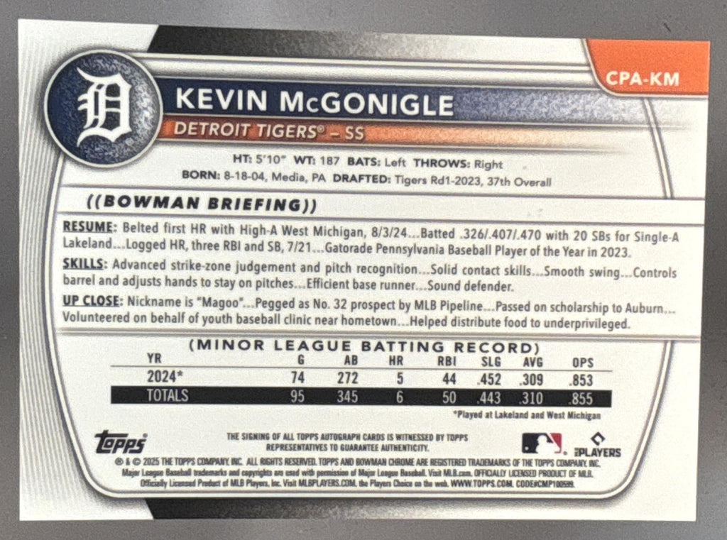 2025 Bowman Kevin McGonigle #CPA-KM Chrome Auto 1st Prospect Tigers