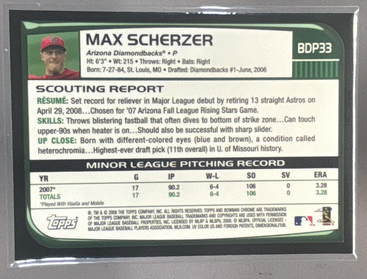 2008 Bowman Draft Picks & Prospects Max Scherzer #BDP33 RC Diamondbacks