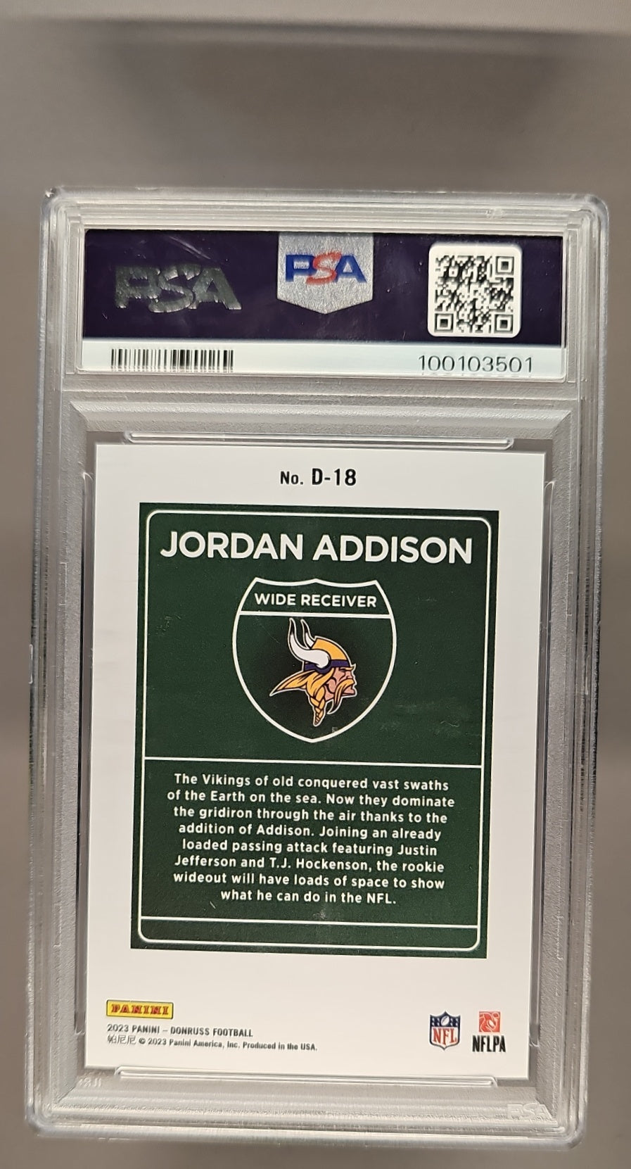 2023 Panini Donruss Jordan Addison #D-18 Downtown! SSP RC Vikings PSA 10